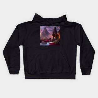 Ai Generated Art Scenery - Mountain Temple by a Lake Kids Hoodie